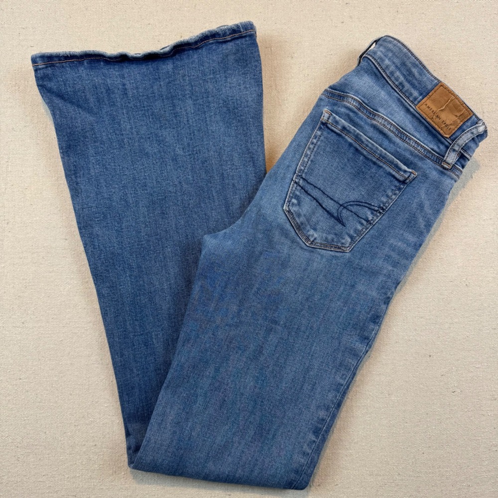 American Eagle Women's 0 Low Rise Flare Jeans Blue Stretch Y2K